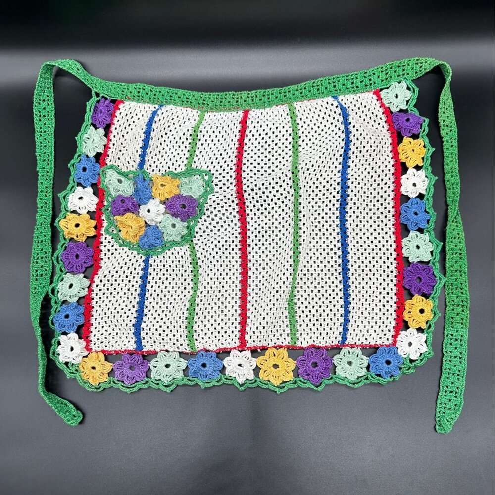 Vintage Floral Apron Handmade Crochet Knitted Flowers Rainbow Stripes Retro - Picture 2 of 7